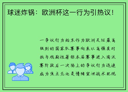 球迷炸锅：欧洲杯这一行为引热议！